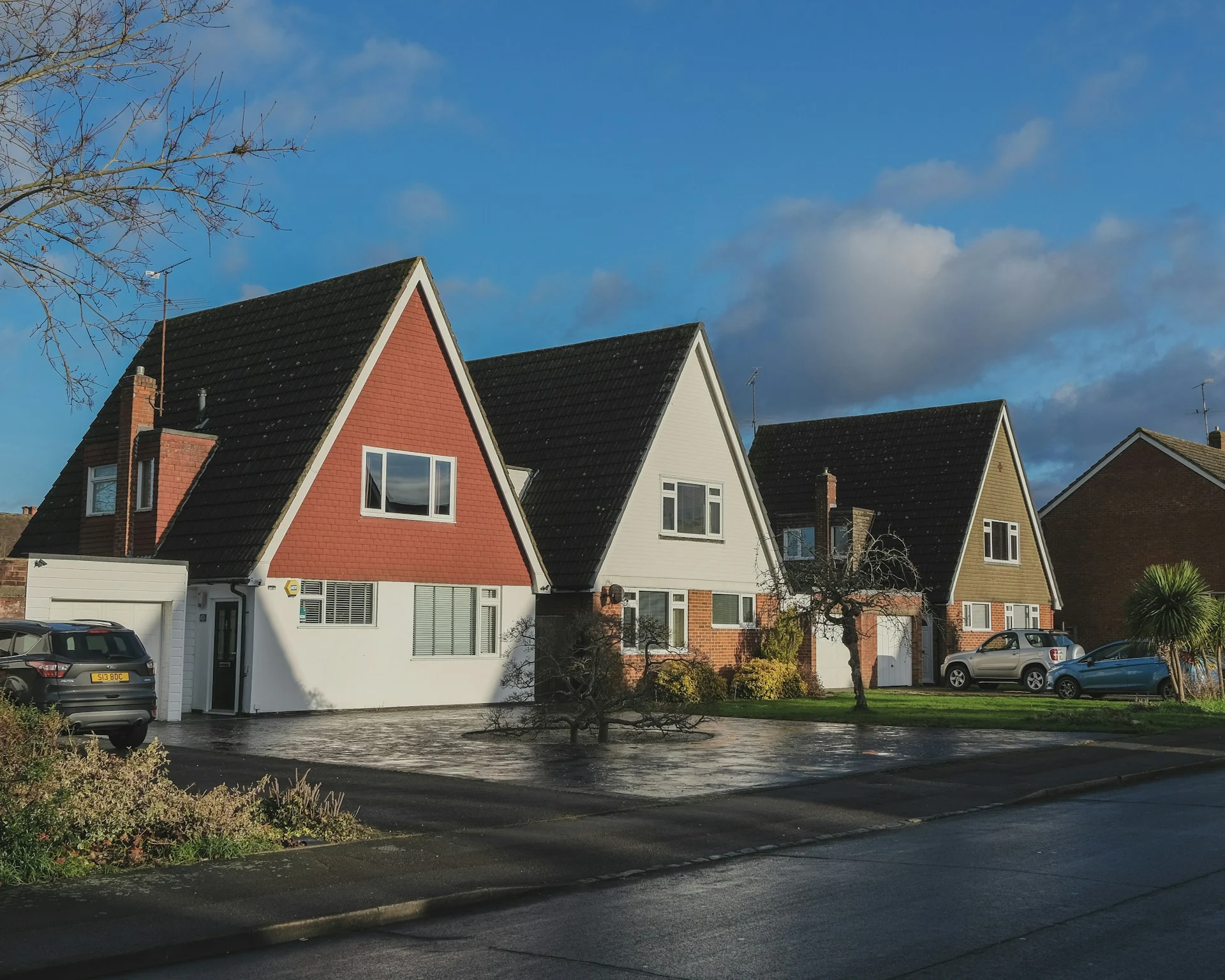 Triangular-roofed houses on suburban street